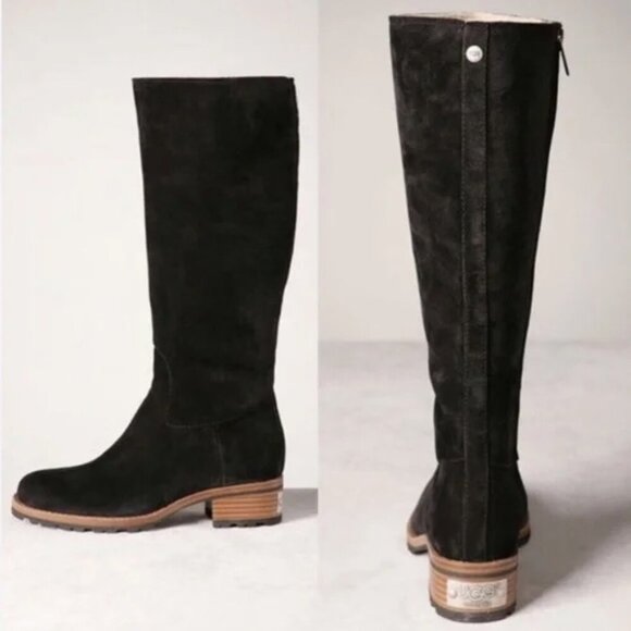 UGG women's tall Broome boots 7.5 high leather sheepskin black EUC riding - Picture 1 of 13